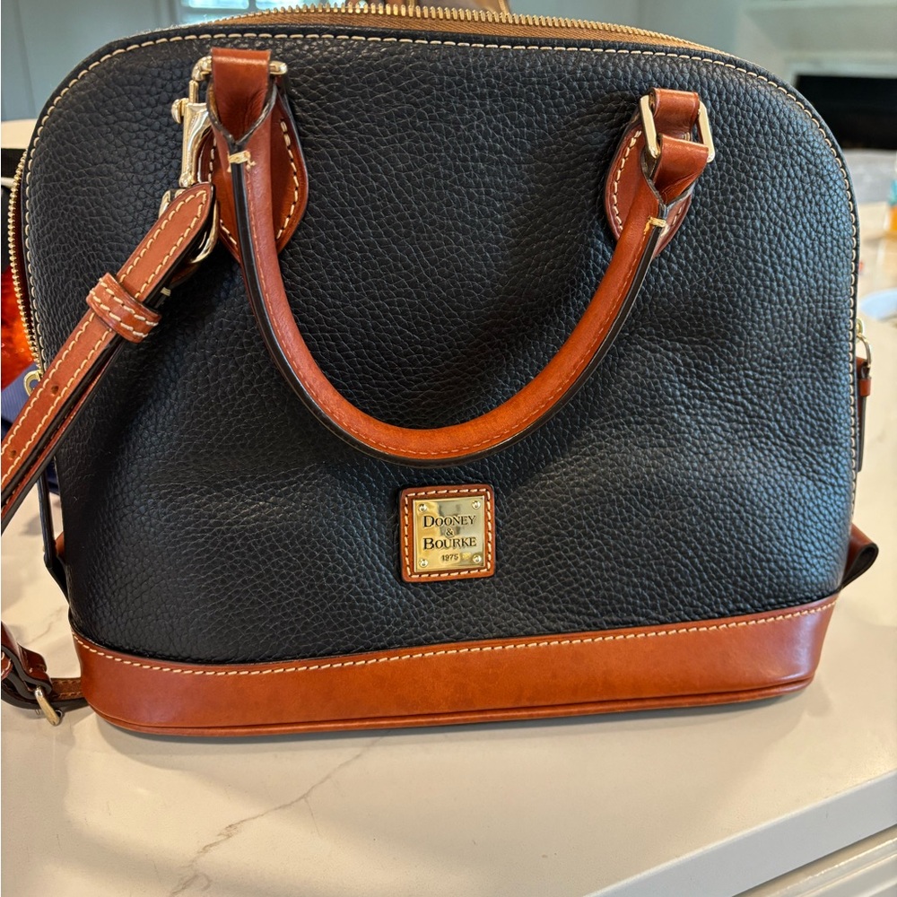 Dooney & Bourke Black Pebble Leather Satchel with Brown Trim and Gold Hardware